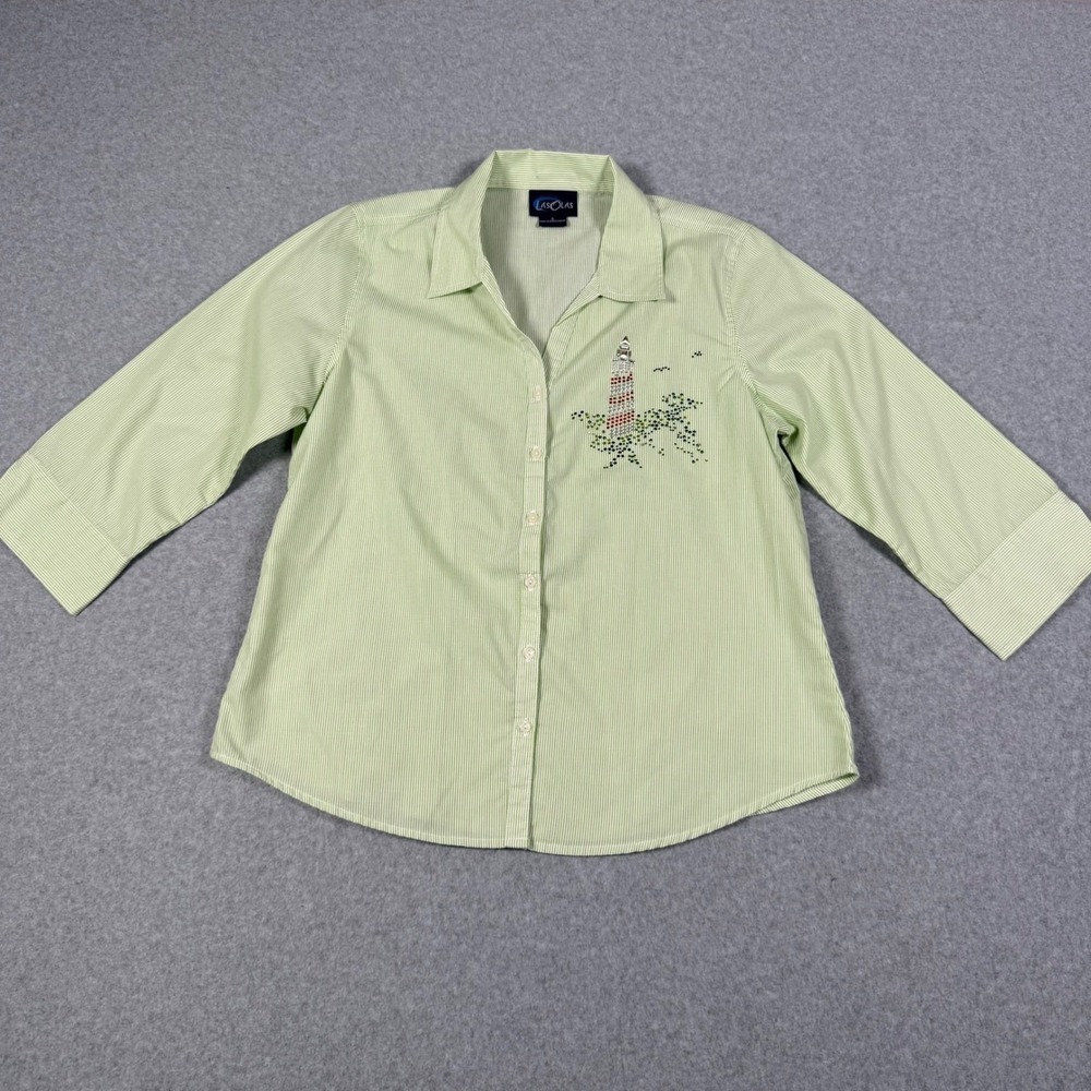 Las Olas S Green Pinstripe Lighthouse Rhinestone 3/4 Sleeve Shirt Nautical